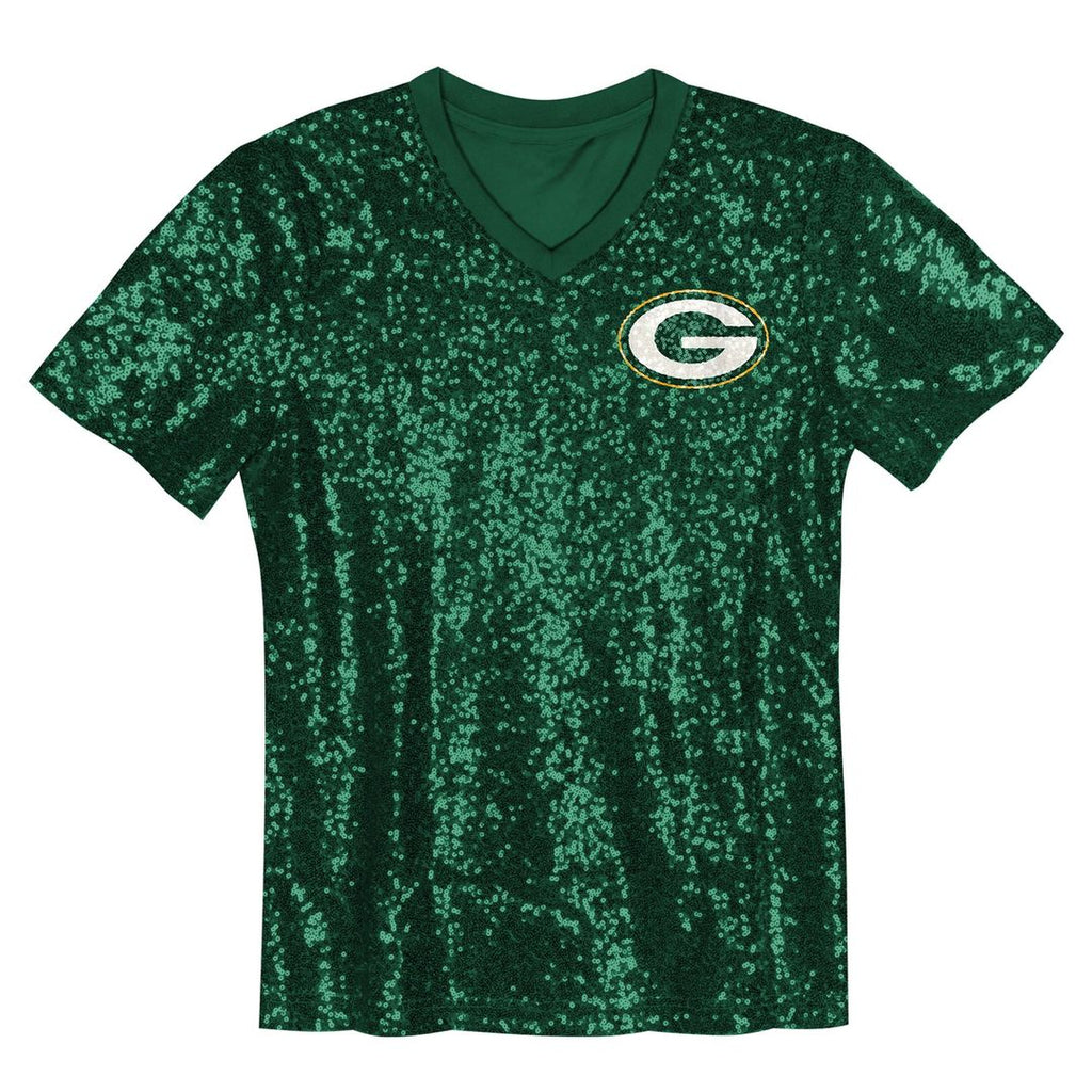 Love Green Bay Packers Girls Youth Sequin V-Neck Fashion Jersey - Green