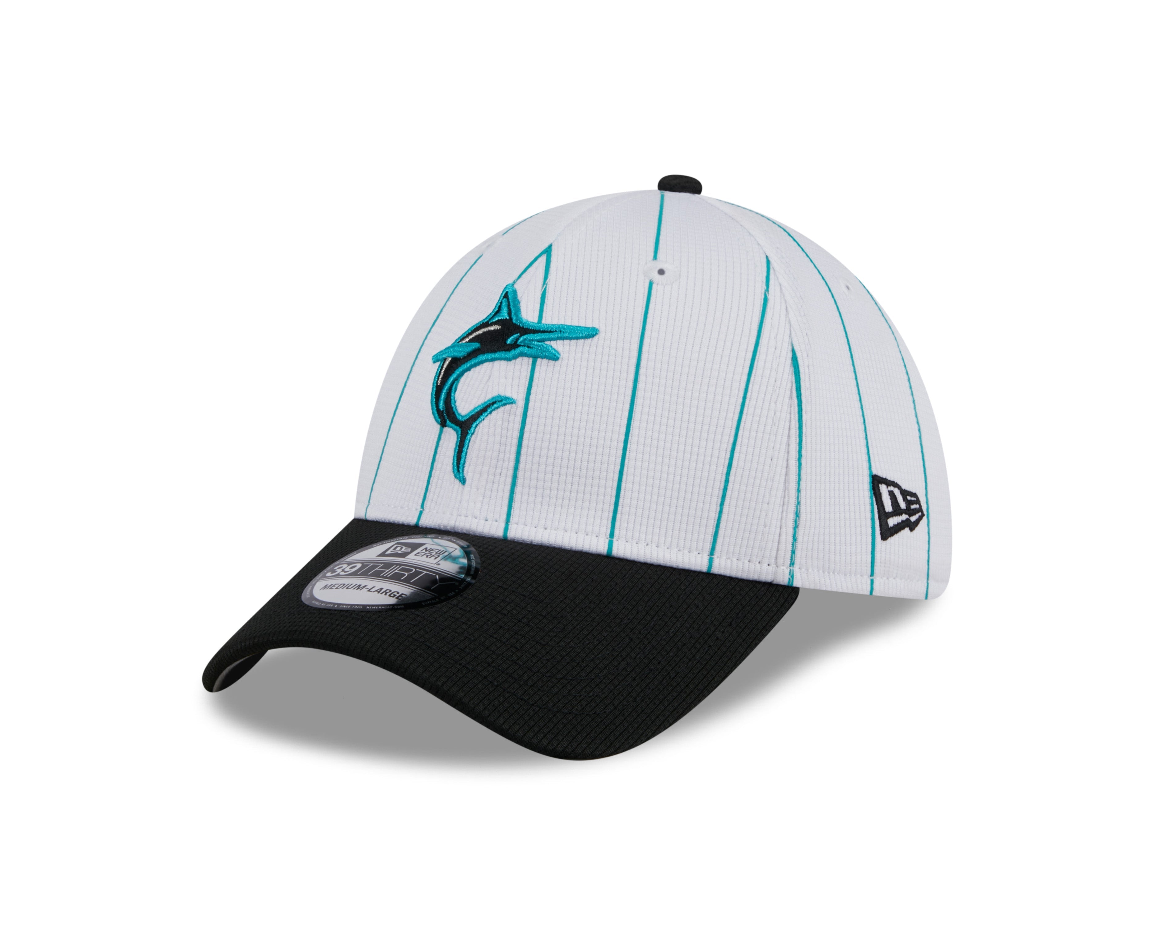 Men's Miami Marlins New Era 2024 Batting Practice White/Black 39THIRTY Flex-Fit Hat