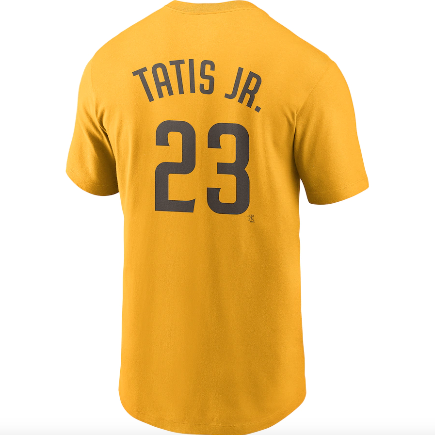 Men's San Diego Padres Fernando Tat¨ªs Jr. Nike Gold Name & Number T-Shirt