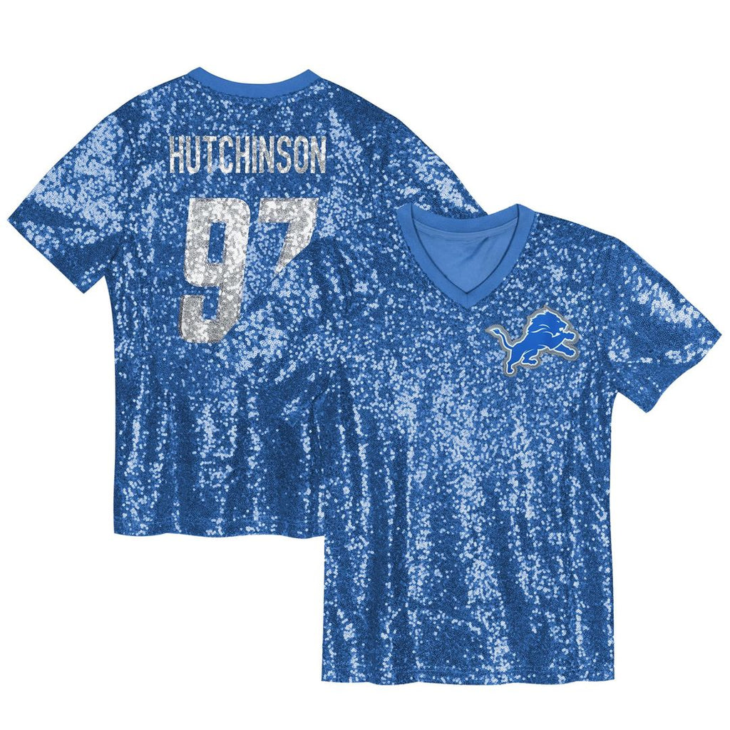 Aidan Hutchinson Detroit Lions Girls Youth Sequin V-Neck Fashion Jersey - Blue